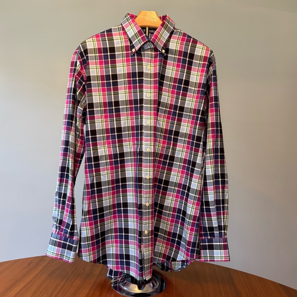 Peter Millar Button Down Dress Shirt Men’s Large Plaid Nanoluxe Easycare